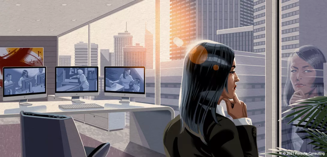 Woman gazing out her office window