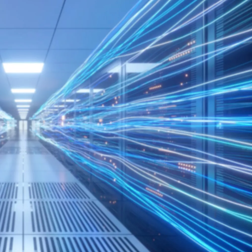 Server room with illustrations symbolising data flows