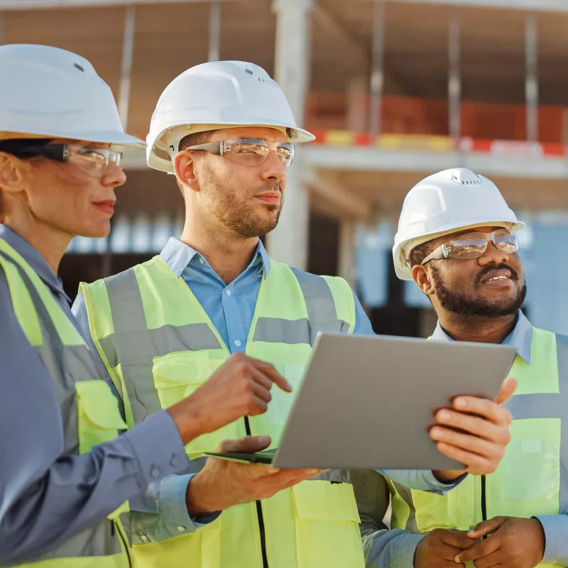 Zwei Männer und eine Frau sind auf einer Baustelle und einer der Männer hält einen Laptop