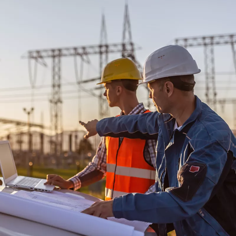 Two men stand with a laptop in front of electricity pylons in the sunshine