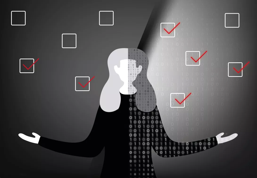 Frau zur Hälfte Mensch und zur Hälfte digital mit Aufgaben Checkboxen um sie herum