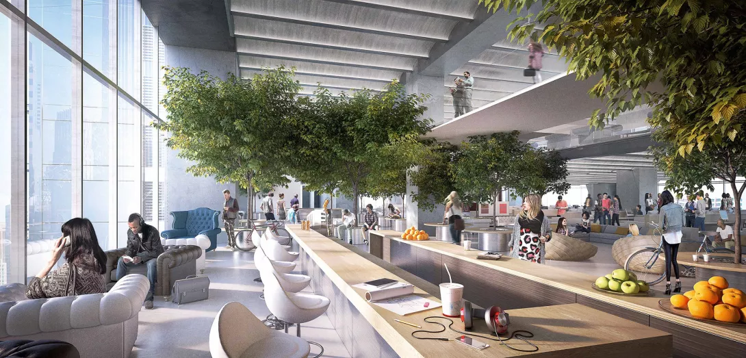 Das Oceanwide Center schafft mitten in San Francisco neuen Platz zum Arbeiten und Wohnen. Erst 25 Meter über dem Straßenniveau beginnt das eigentliche Gebäude. Darunter befindet sich neuer öffentlicher Raum. Illustration: Foster + Partners