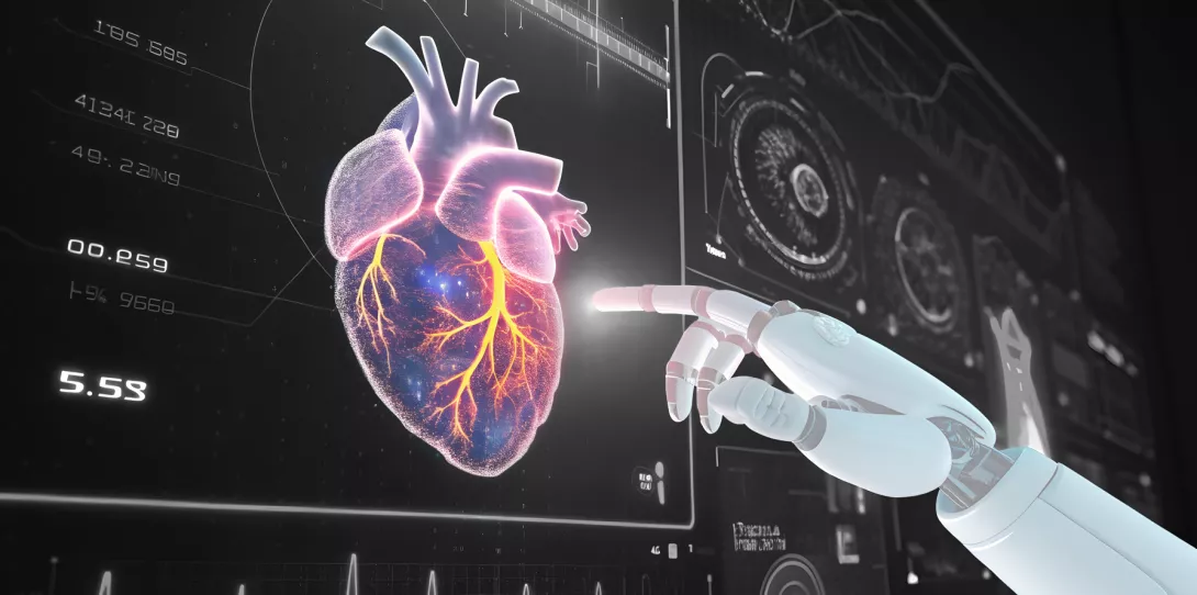 KI in der Medizintechnik Porsche Consulting Display mit Herz und Roboterhand