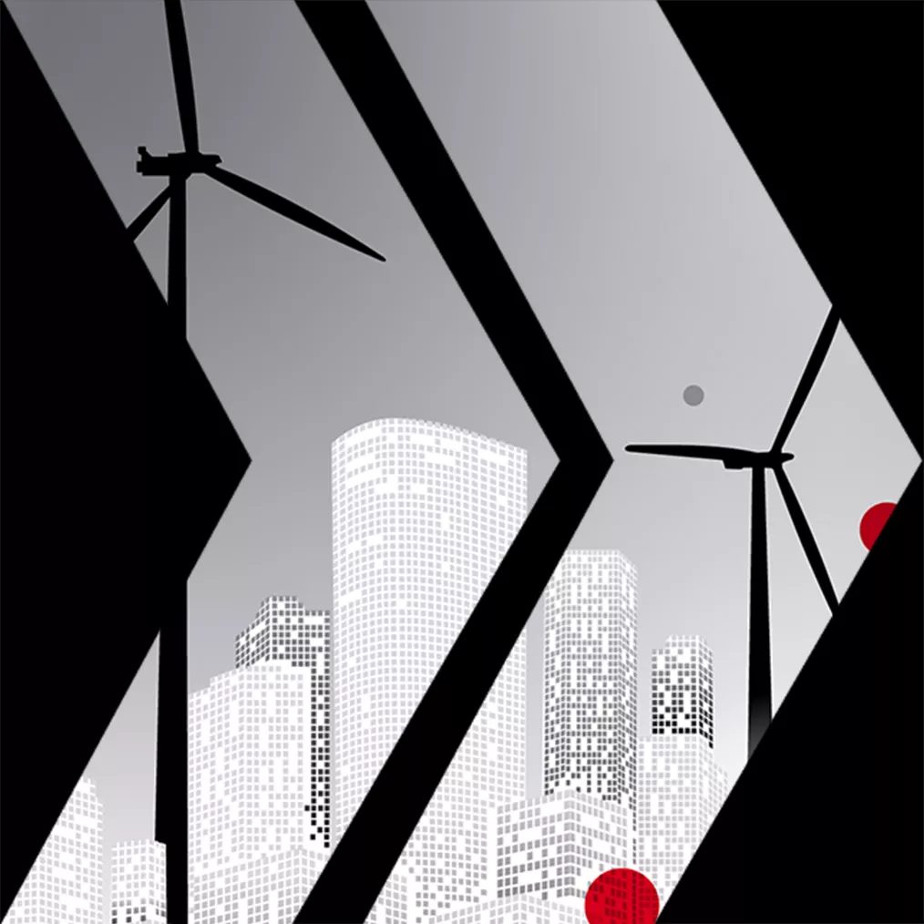 Porsche Consulting Energiewirtschaft Windturbinen mit Wolkenkratzer