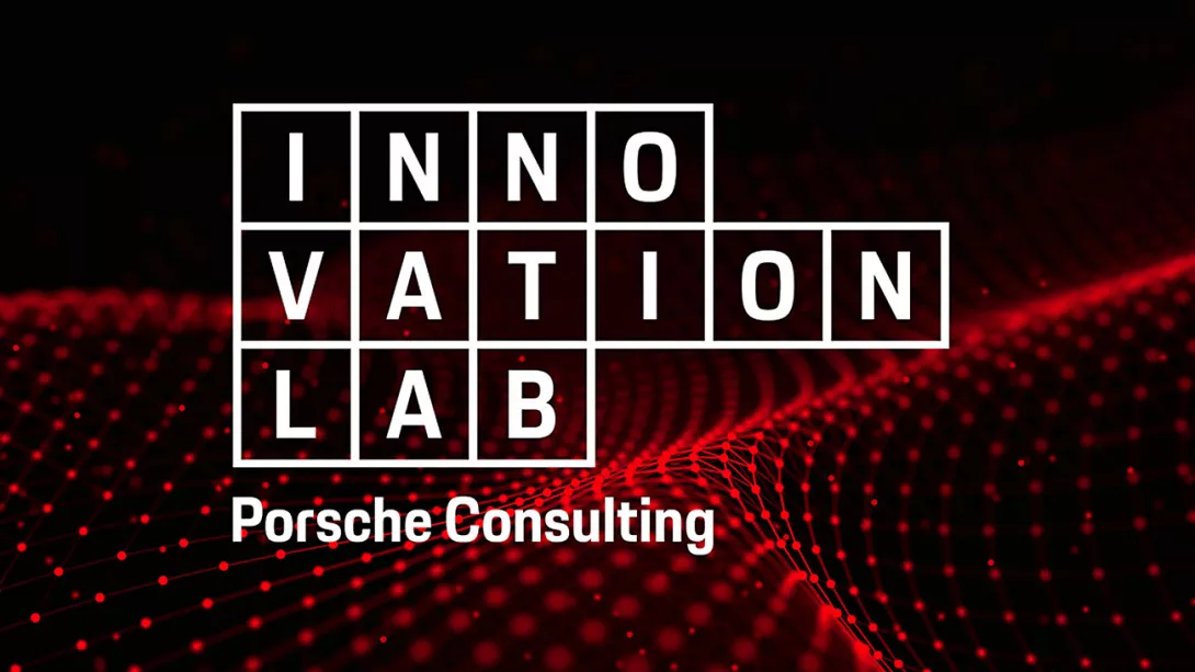 Black background with red illustration and the lettering Innovation Lab