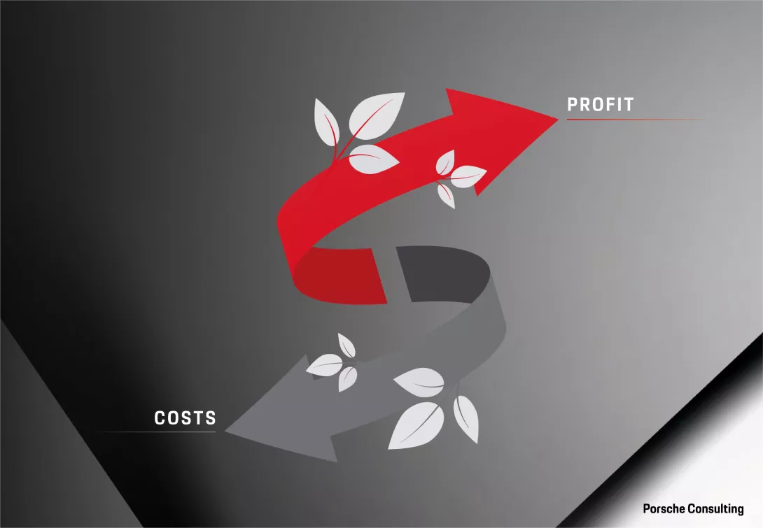 Porsche Consulting Impulse Turning Costs into Profits Costs vs Profit arrows with plants