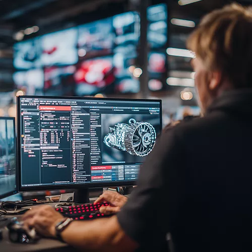 Man in front of computer research and development of product