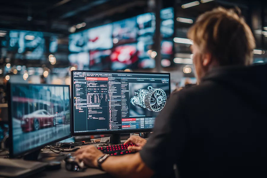 Man in front of computer research and development of product