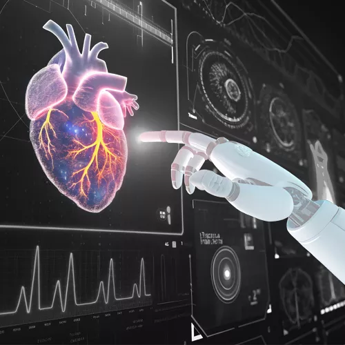 KI in der Medizintechnik Porsche Consulting Display mit Herz und Roboterhand