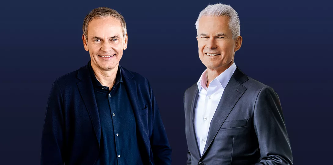 Volkswagen- und Porsche-Vorstandschef Oliver Blume (links) und Eberhard Weiblen, CEO der Managementberatung Porsche Consulting, im Gespräch mit dem Porsche Consulting Magazin: über Optimismus, Zukunftschancen und eine gute Work-Life-Balance.
