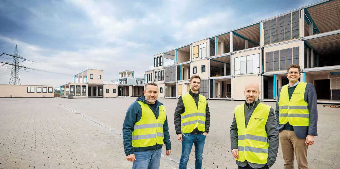 Top of the class: Kleusberg’s plant director Jörg Draschner, product development head Jonas Beuth, and CEO Oliver Hartmann (from left) with consultant Tobias Michels from Porsche Consulting want to cut construction times from years to three months.