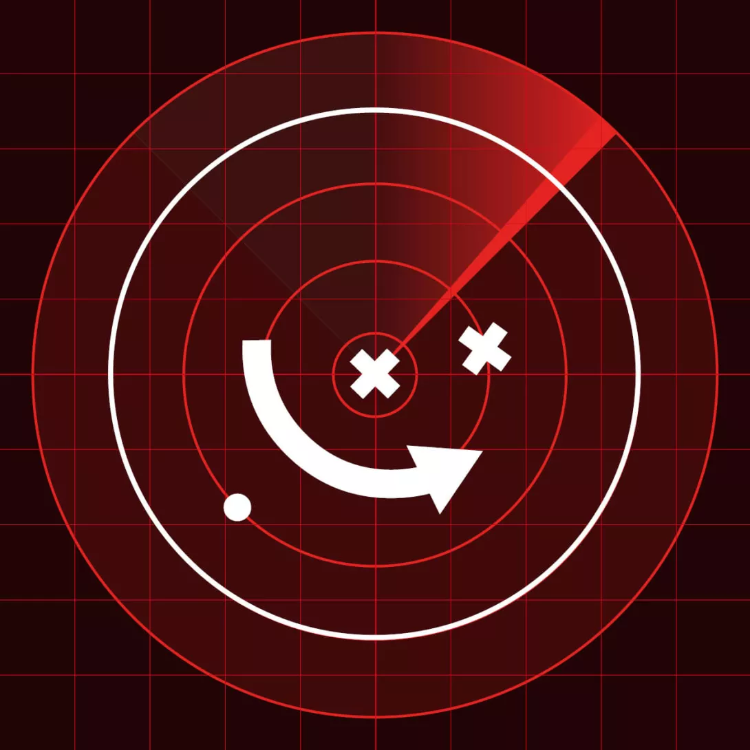 White arrow and cross icons on red radar icon