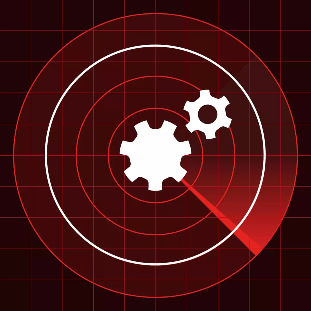 Two white cogwheel icons on red radar icon