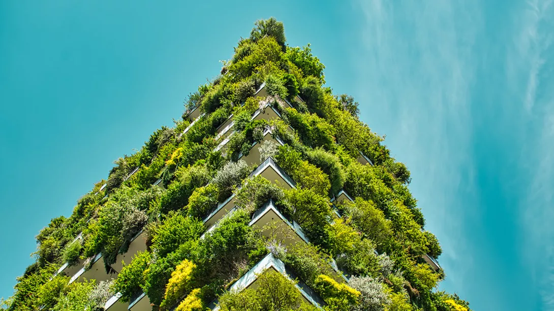 A building complex greened with plants and bushes