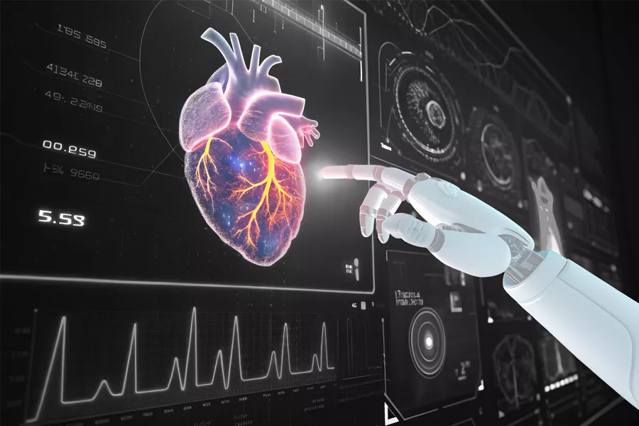 KI in der Medizintechnik Porsche Consulting Display mit Herz und Roboterhand