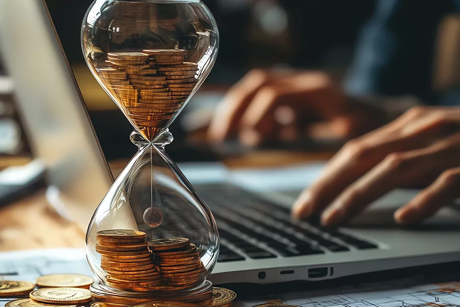 Sanduhr mit Geld und Laptop Arbeitszeit